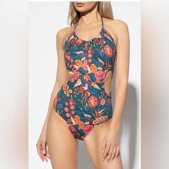 ULLA JOHNSON ‘MABEL PRINT RUCHED CUTOUT’ SWIMSUIT, Large, $425 - Picture 1 of 15